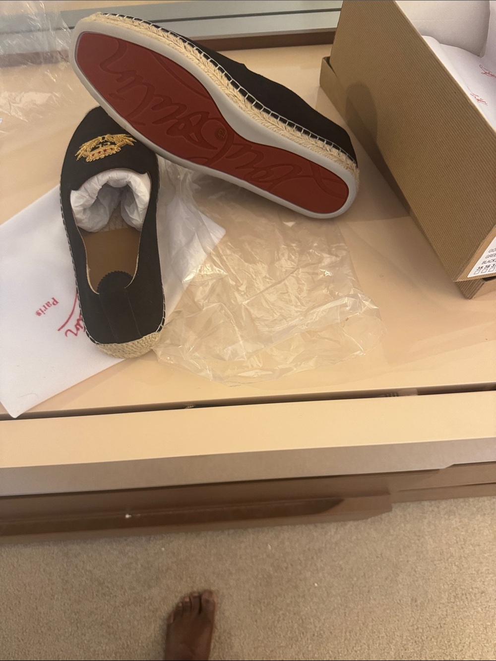 Christian Louboutin Black Espadrille Loafers with Red Sole and Gold Embroidery
